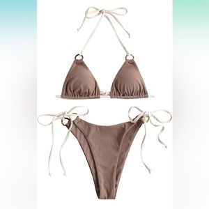 NWT ZAFUL Halter Triangle Bikini Ribbed String. Coffee colored